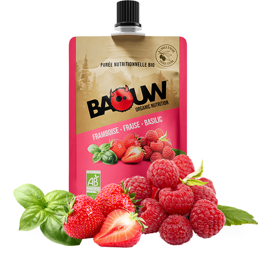 BAOUW Organic Recipe Energy Purée with Raspberry/Strawberry/Basil Fruit (90g)