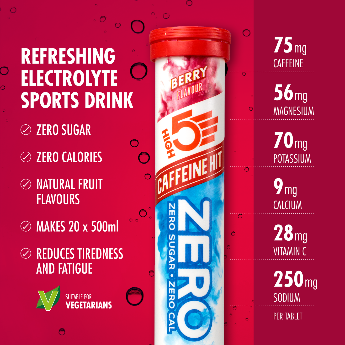 HIGH5 ZERO Electrolyte Hydration with Caffeine (20 Tablets) Fruits Red