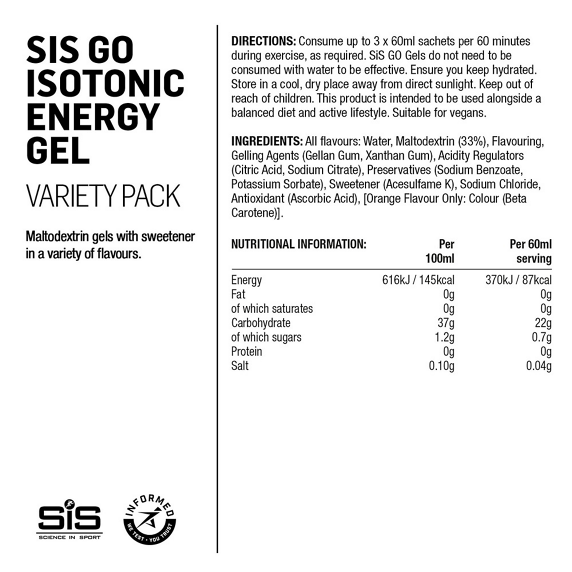 Pack of 7 SIS GEL GO ISOTONIC Energy Gels Gluten-free (60 ml)