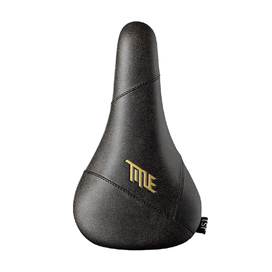 Title JS1 saddle, black and gold, top view