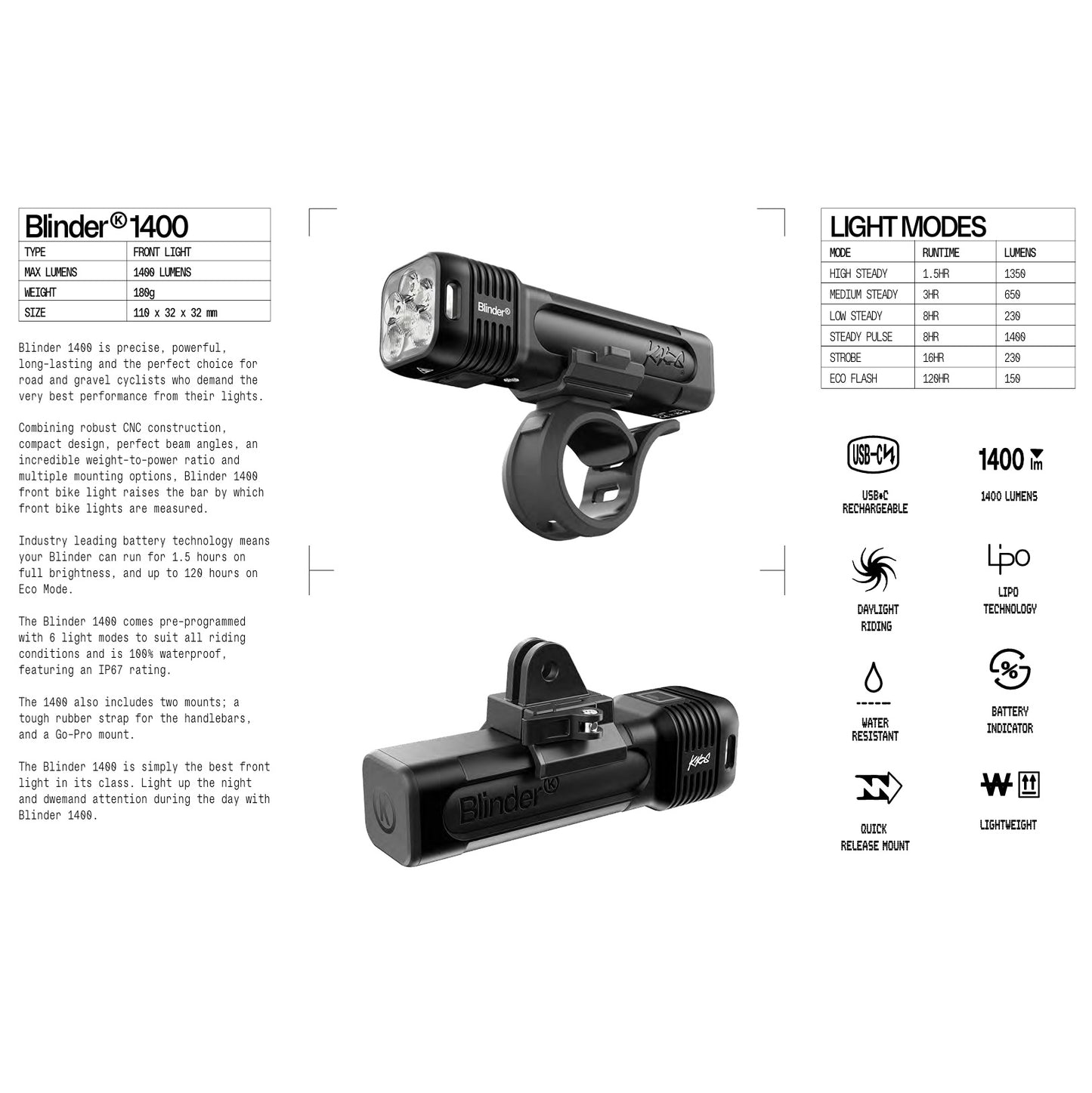 Front lighting KNOG BLINDER PRO 1400