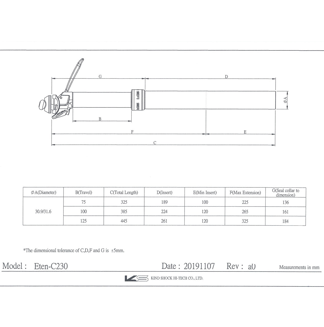 Stem Saddle Telescopic KS KIND SHOCK ETEN 100mm