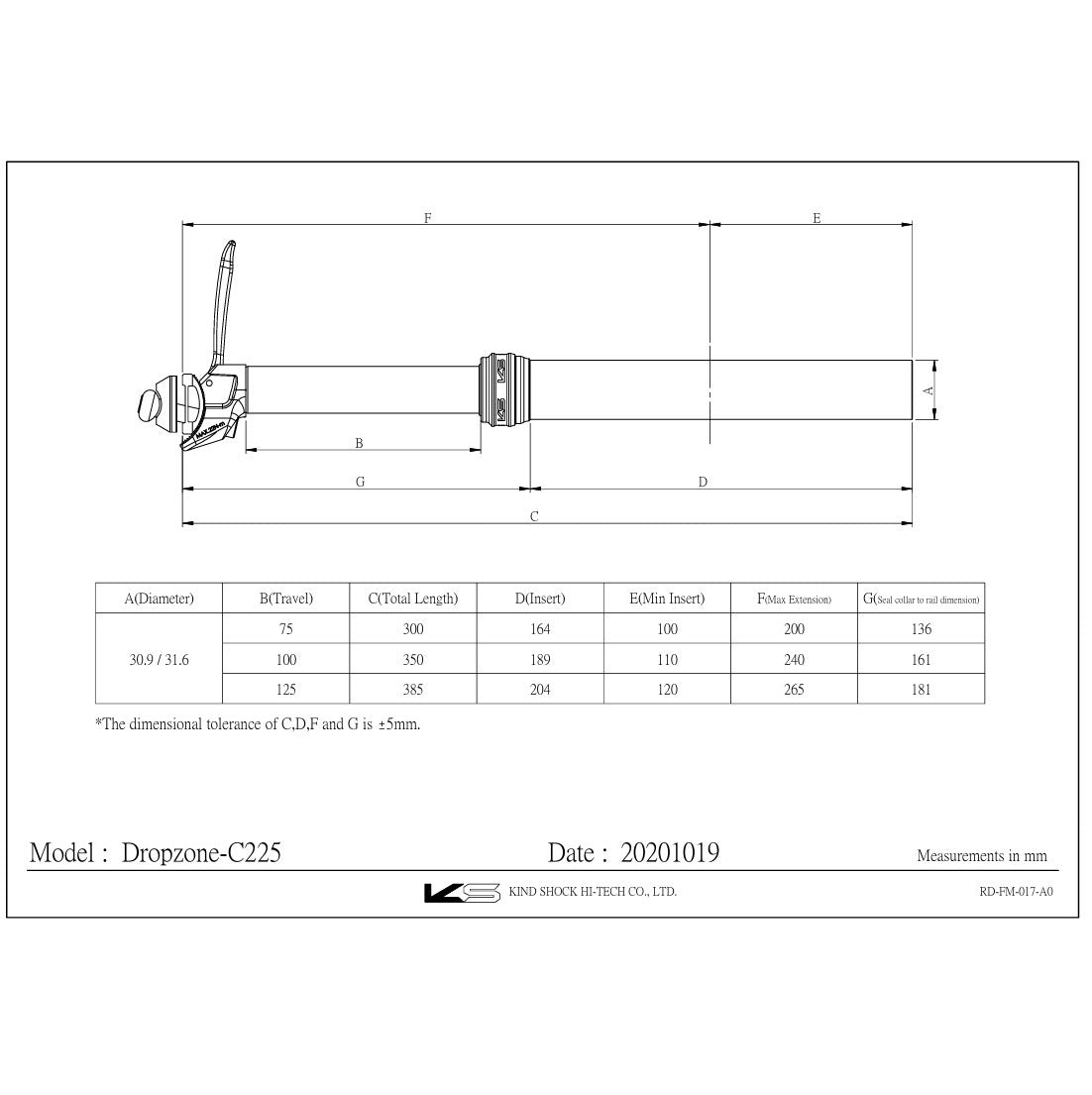 Stem Saddle Telescopic KS KIND SHOCK DROPZONE 125mm