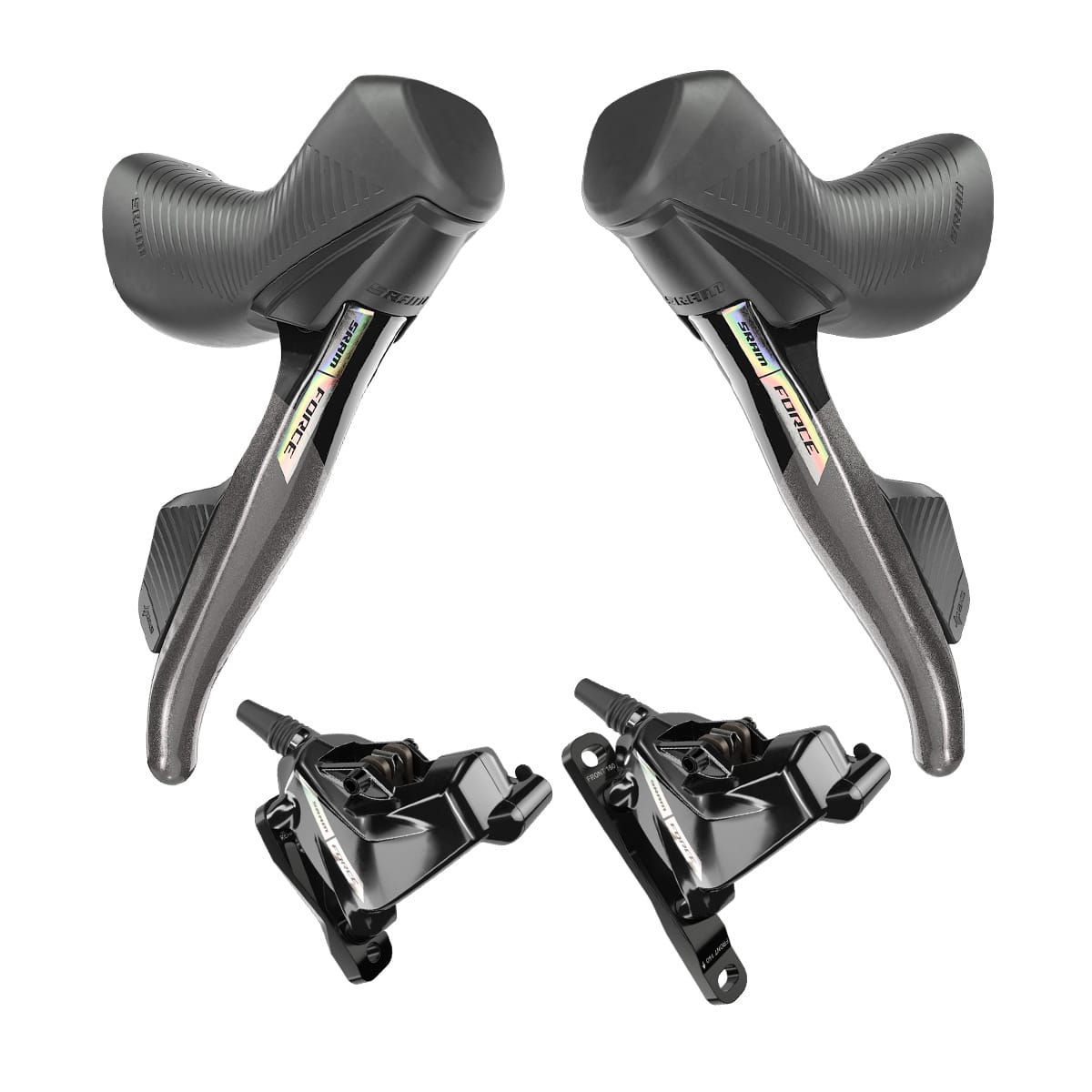 Pair of SRAM FORCE AXS D2 HRD 2x12 Flat Mount Discless Levers and Calipers