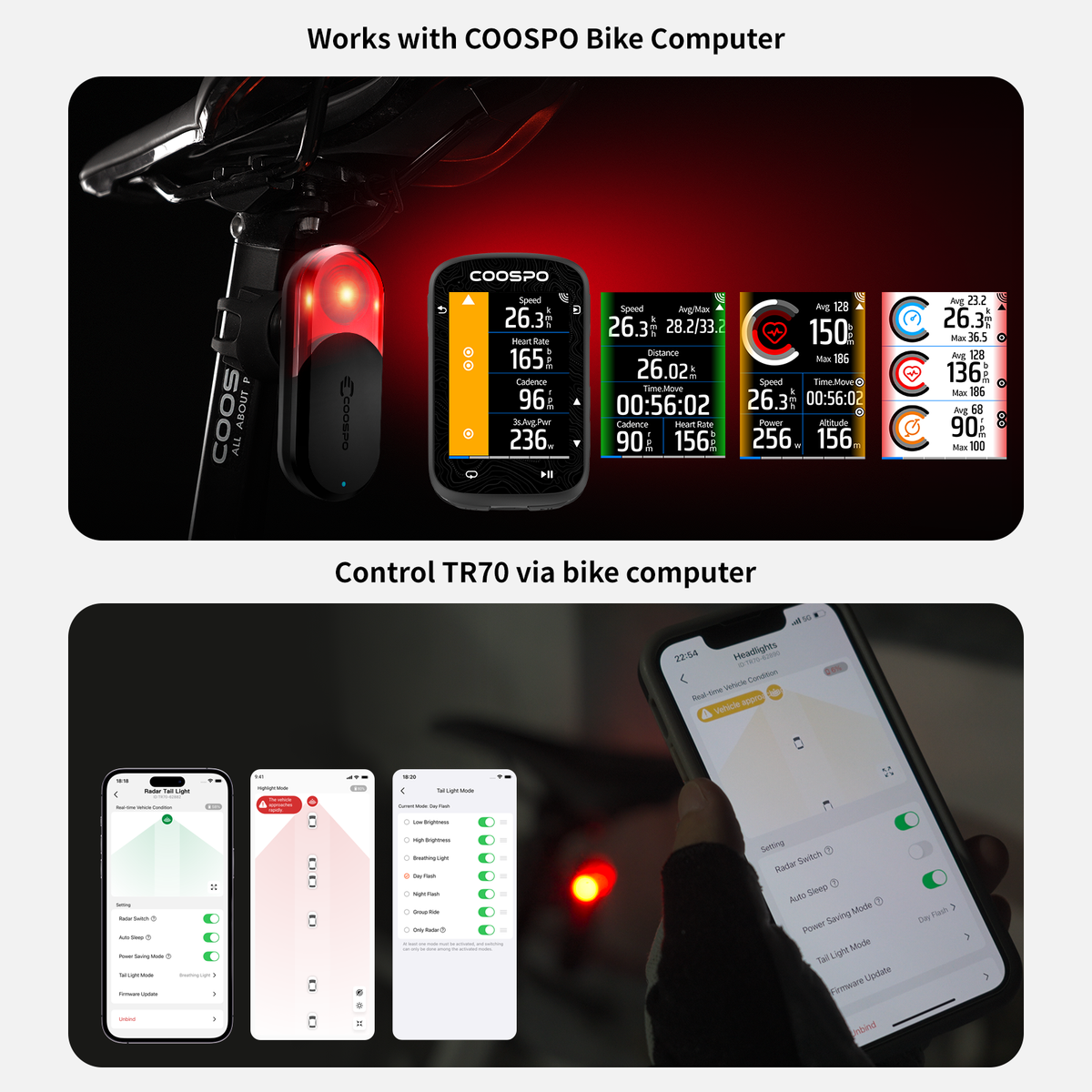 COOSPO TR70 Éclairage Arrière Radar