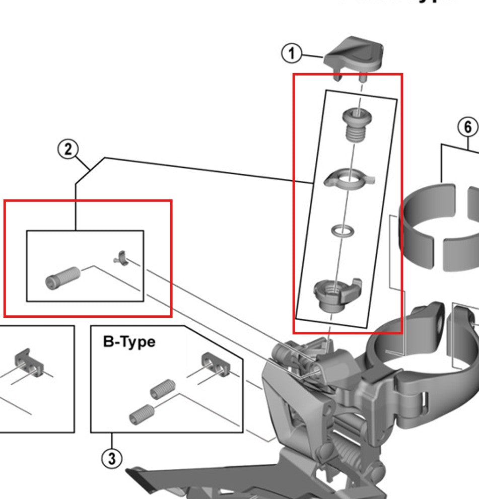 SHIMANO FD-R7100/U6030/5801/R7000/RX400 cable adjustment and clamping screws