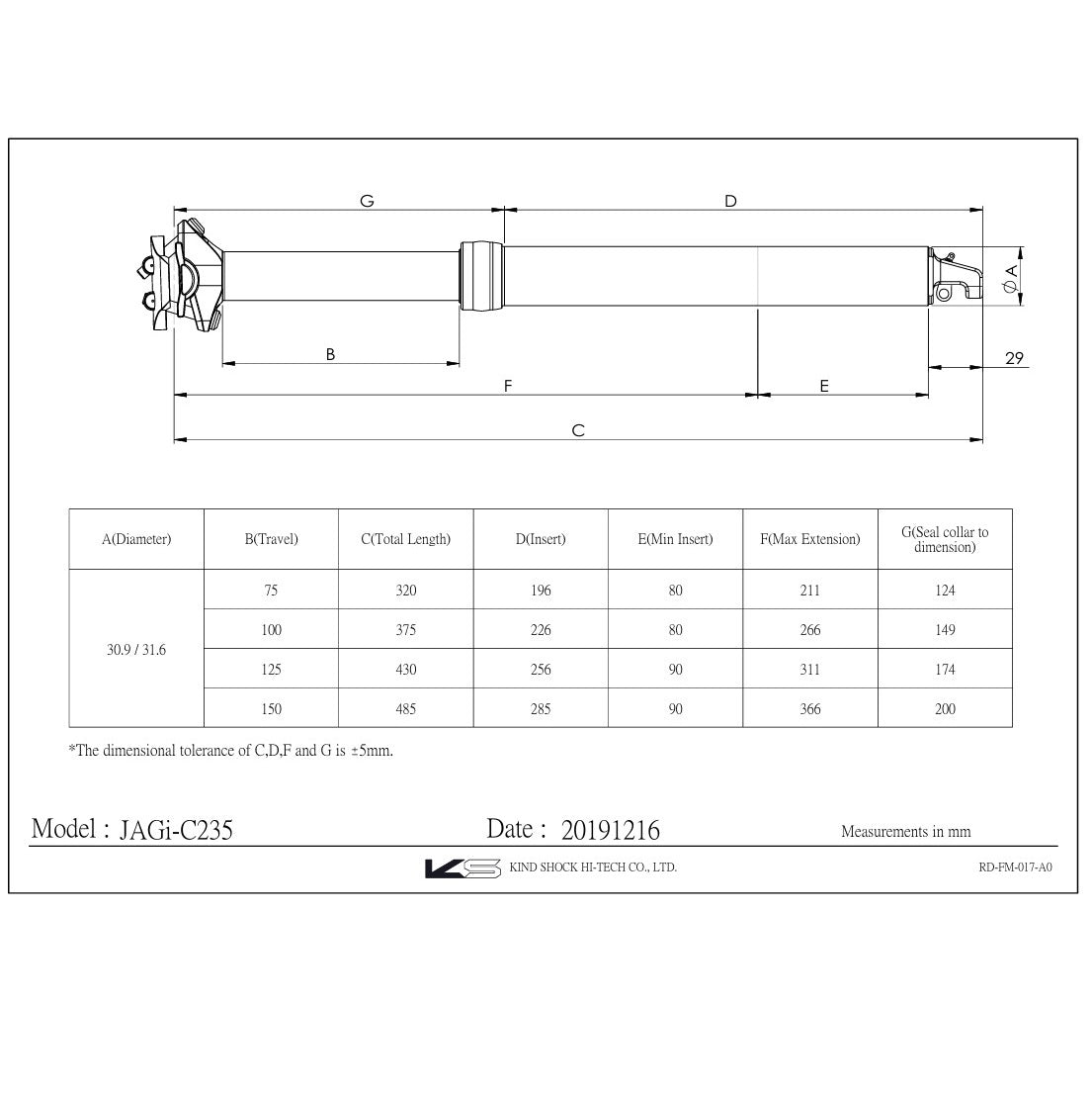 Stem Saddle Telescopic EXAFORM JAG-i 125mm With Control