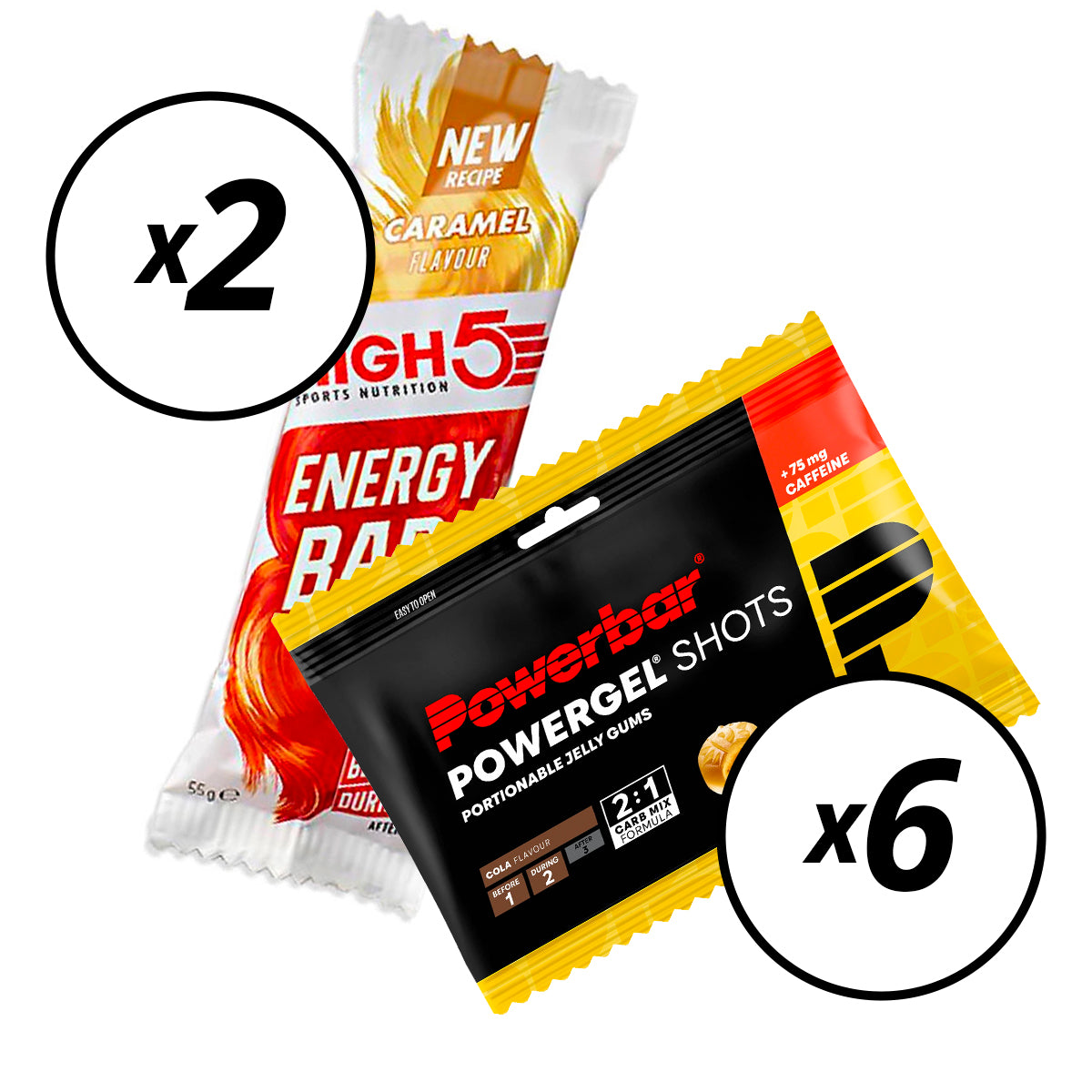 6 Bonbons POWERBAR POWERGEL Shots (60gr) Cola + 2 HIGH5 ENERGY BAR (55g) Caramel