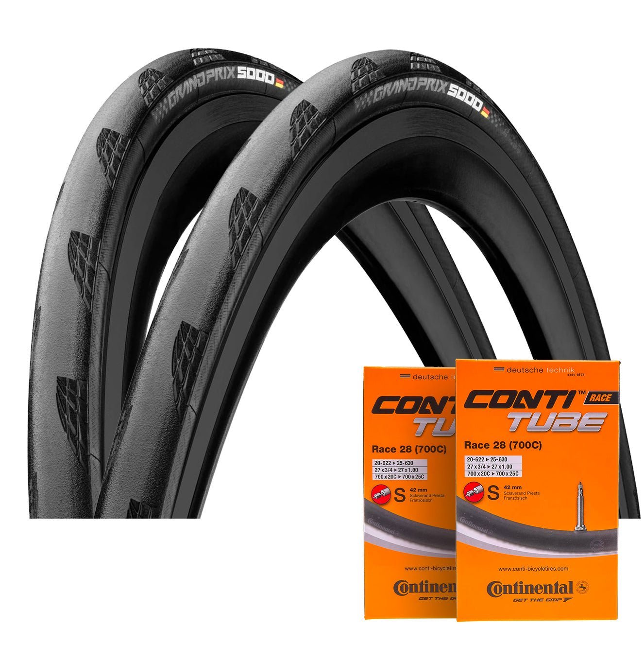 Pair of CONTINENTAL GRAND PRIX 5000 700x25c TubeType Black Tires + Pair of CONTINENTAL RACE 700x20/25c Presta 60mm Tubes